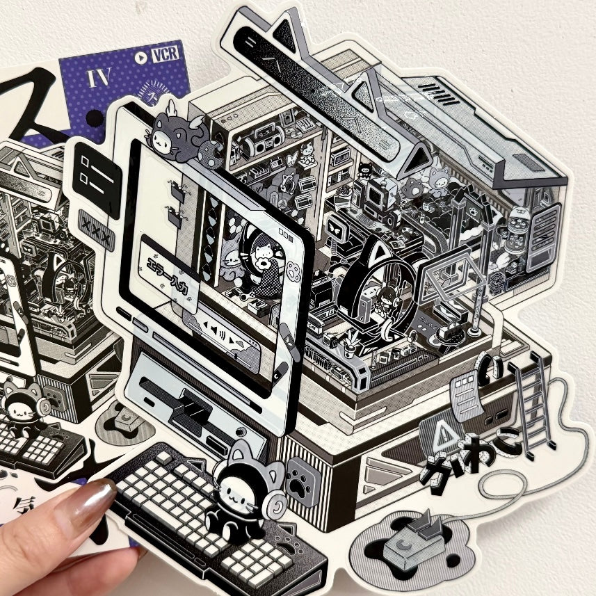 paper tiptoes music box dwelling diy collage sticker kit black and white retro anime style boombox radio music studio