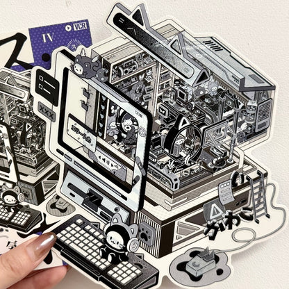 paper tiptoes music box dwelling diy collage sticker kit black and white retro anime style boombox radio music studio