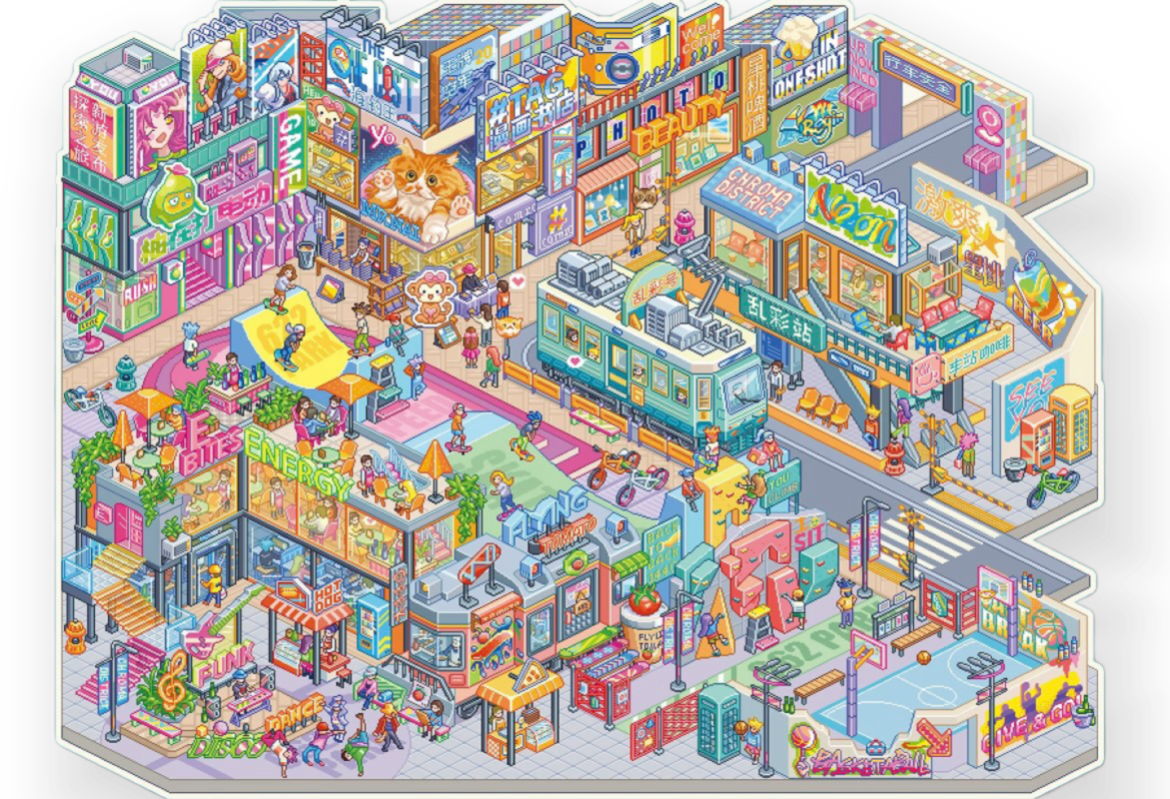 paper tiptoes chroma district diy collage scene sticker kit 3d layered mini tabletop scenery pixel art retro city street neon view