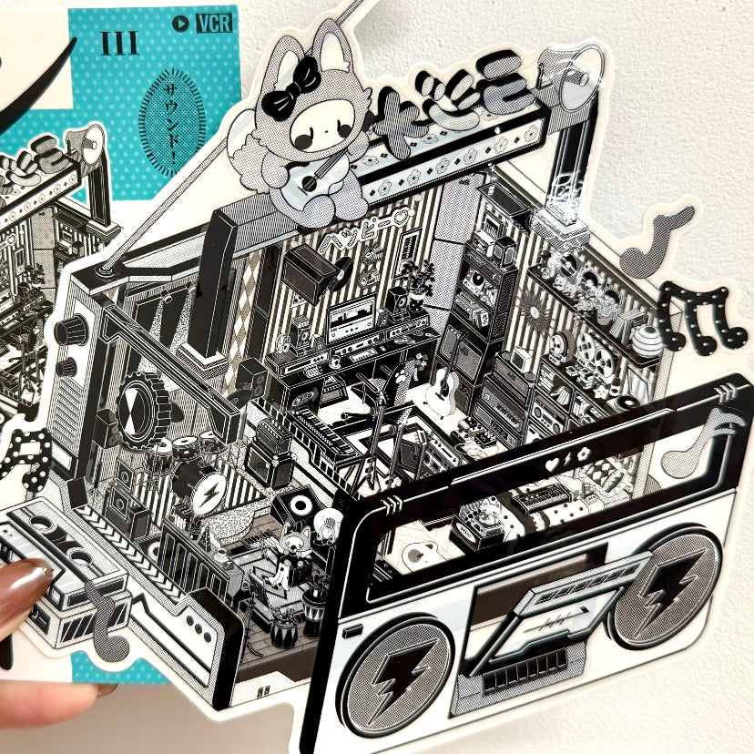 paper tiptoes music box dwelling diy collage sticker kit black and white retro anime style boombox radio music studio