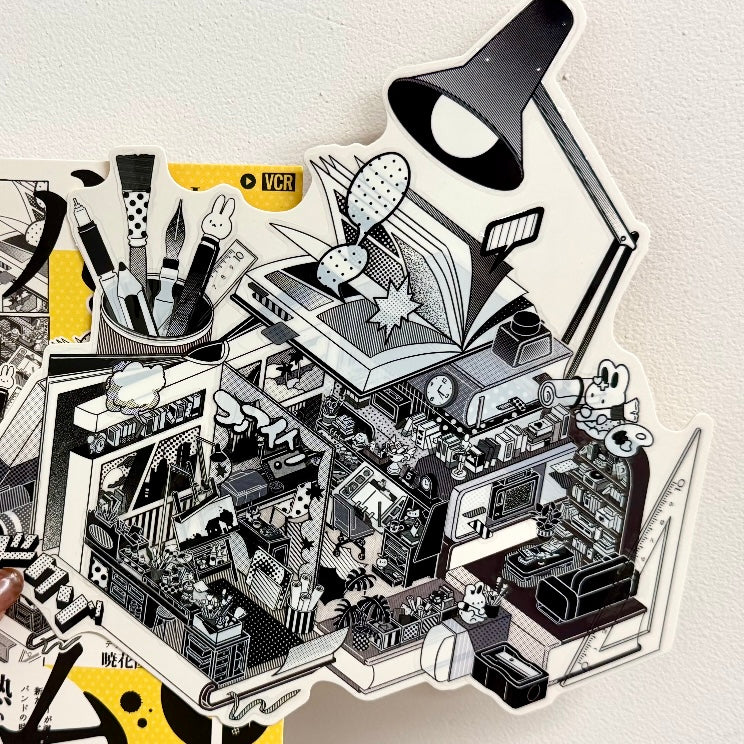 paper tiptoes music box dwelling diy collage sticker kit black and white retro anime style boombox radio music studio