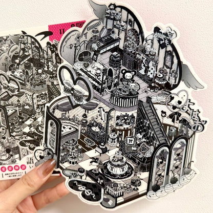 paper tiptoes music box dwelling diy collage sticker kit black and white retro anime style boombox radio music studio