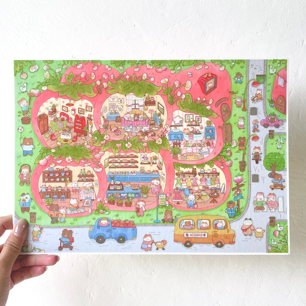 paper tiptoes strawberry town layered sticker artwork close up for satisfying aesthetic journaling spread